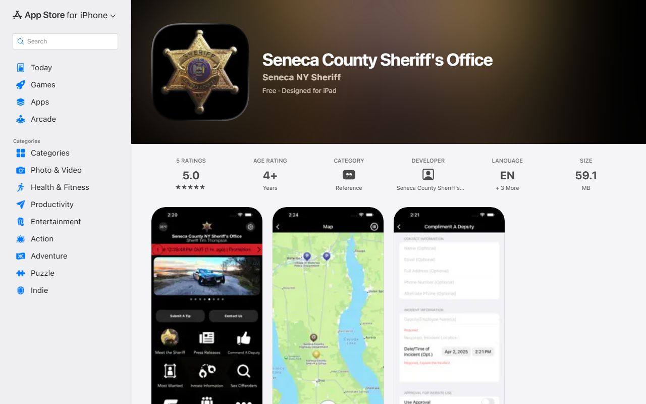 Seneca County inmate records sheriff app listing
